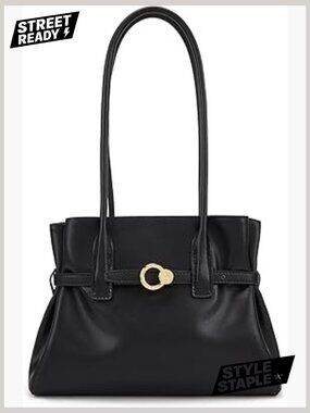 Belted Structured Leather Top Handle Shoulder Bag Tote Handbag